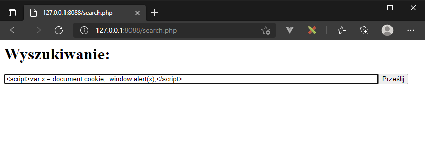 Okno przeglądarki z formularzem i wstrzykniętym kodem JavaScript