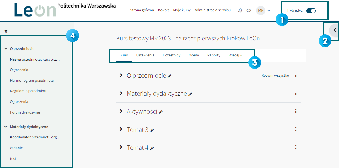 Obszary widoku kursu