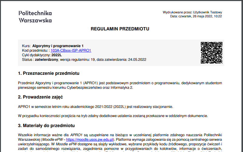 Przykład pliku PDF zawierającego regulaminu przedmiotu.