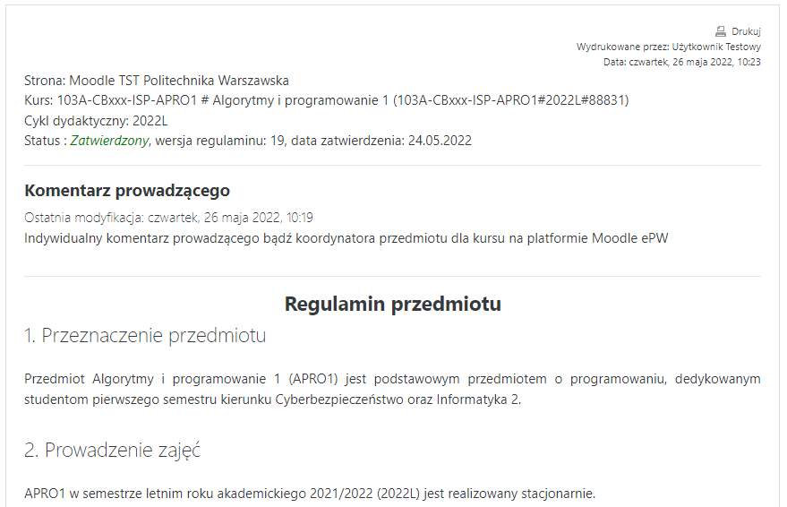 Przykład regulaminu przedmiotu w podglądzie do wydruku.