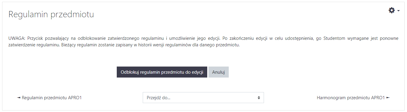 Okno dialogowe odblokowania regulaminu przedmiotu do ponownej edycji.
