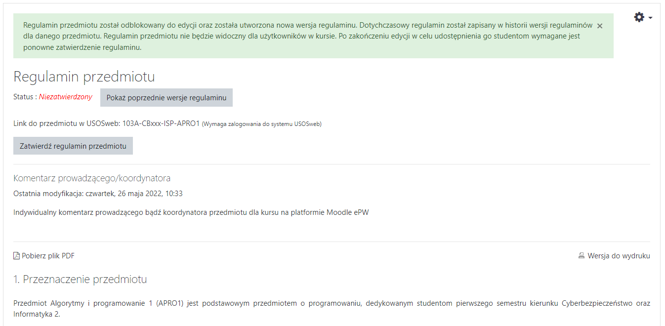 Informacja o odblokowaniu regulaminu do edycji.