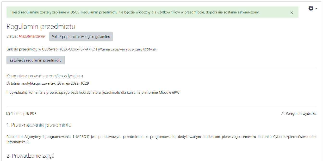 Przykład komunikatu ze statusem Regulaminu.