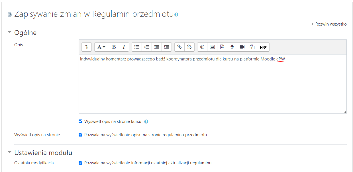 Ustawienia ogólne zasobu i samego modułu.