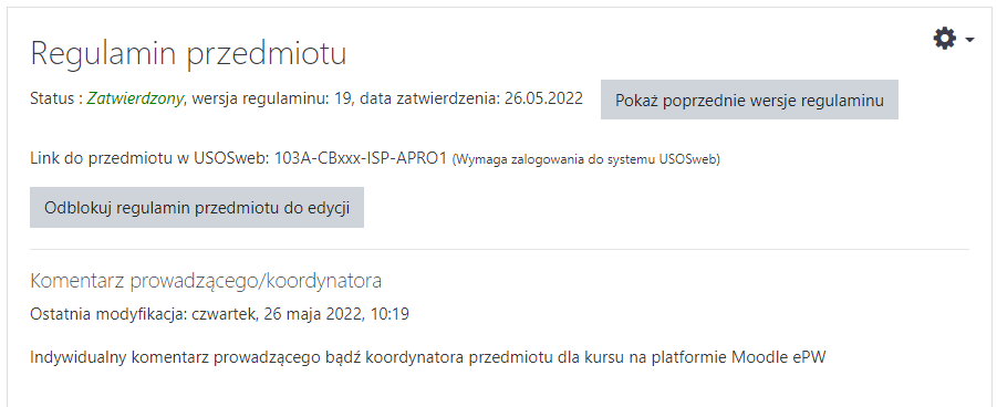 Przykład działania opcji pozwalającej na wyświetlenie opisu oraz daty ostatniej modyfikacji na stronie regulaminu przedmiotu.