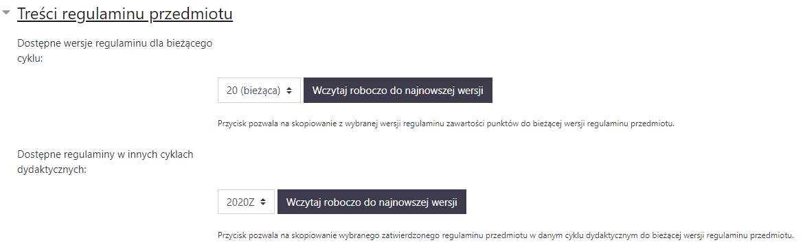 Funkcje umożliwiające kopiowanie regulaminu z poprzednich wersji.
