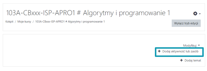 Dodawanie nowego zasobu lub aktywności.