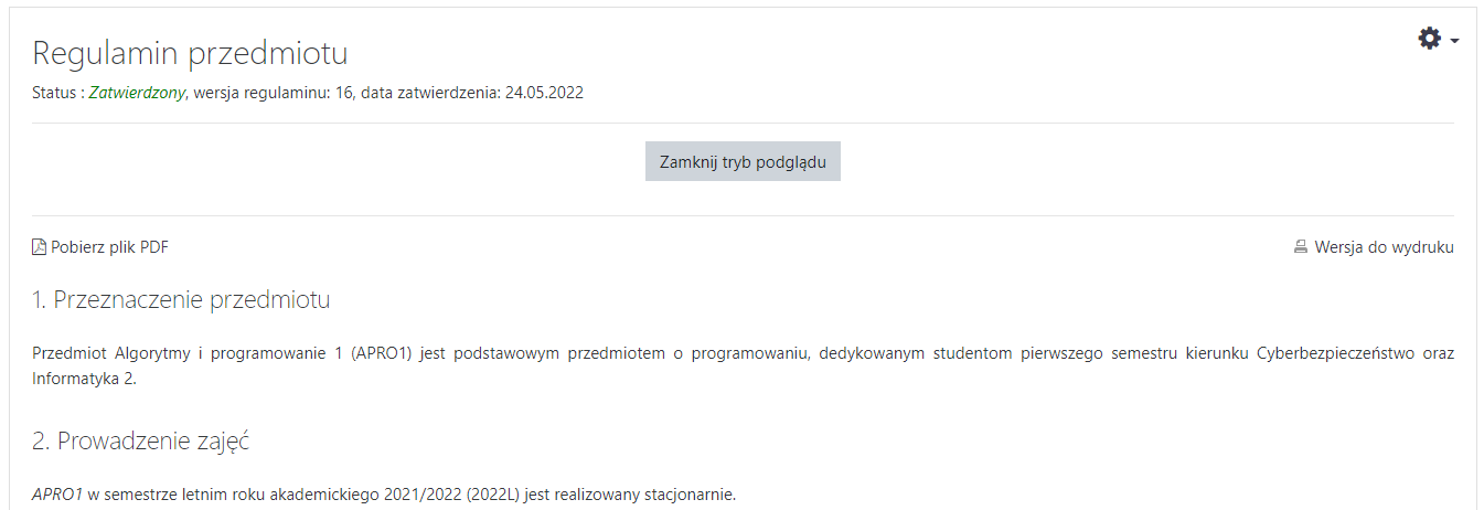 Podgląd wybranej wersji regulaminu.