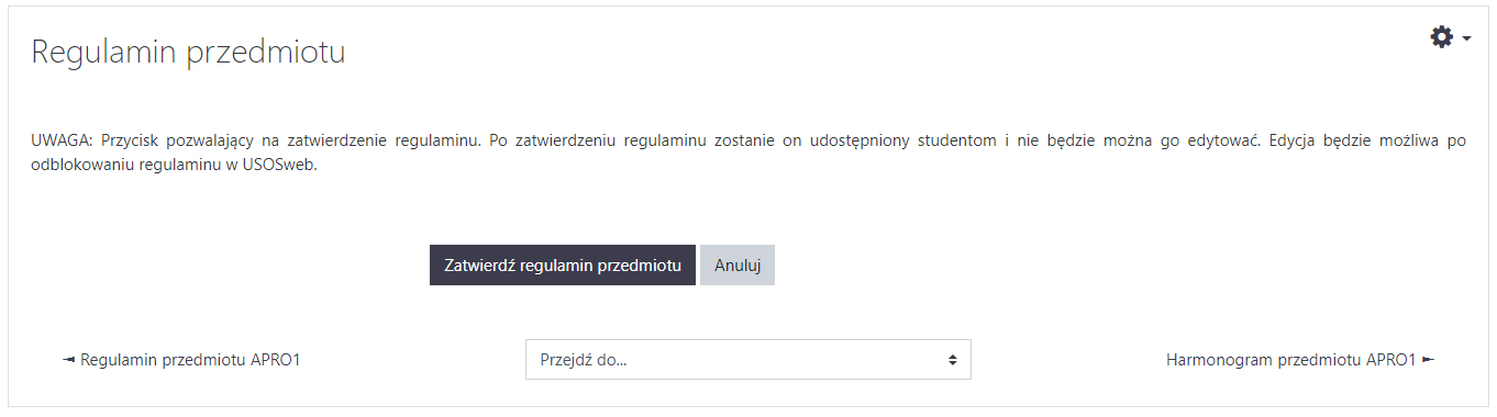 Okno dialogowe zatwierdzania regulaminu przedmiotu.