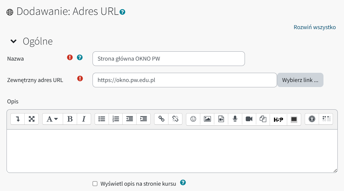 ustawienia ogólne adresu URL