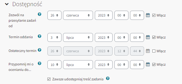 ustawienia dostępności zadania