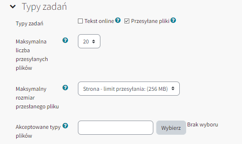 ustawienia zakładki - Typy zadań