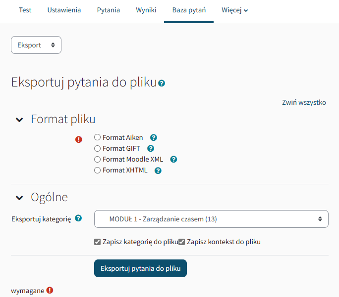 Eksport kategorii pytań z bazy pytań do pliku tekstowego
