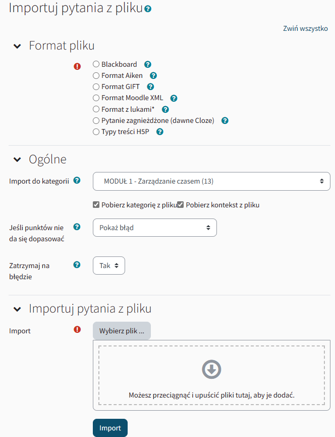 Import pytań z pliku tekstowego