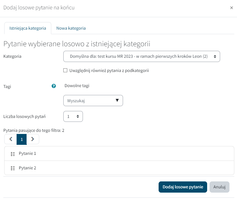 dodawanie losowego pytania z wybranej kategorii