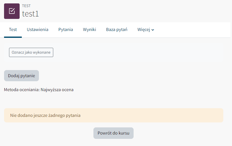 Widok przygotowanego testu bez zawartości