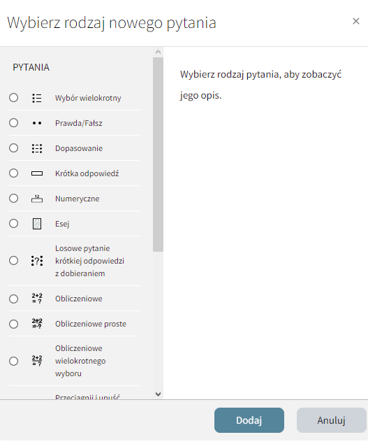 Wybór pytania do dodania