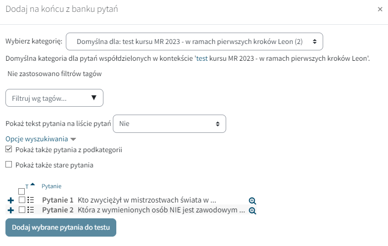 Dodawanie pytania z bazy pytań