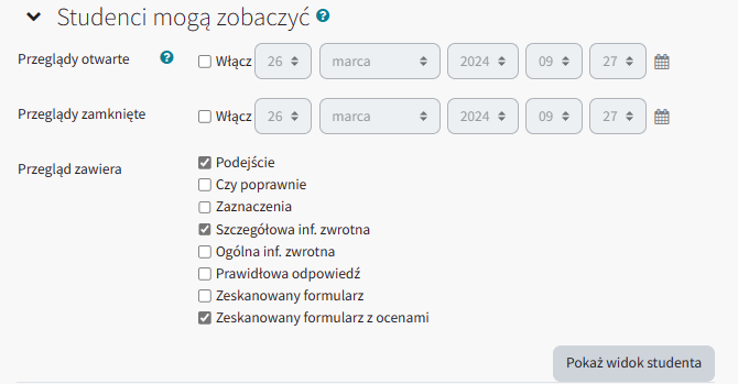 ustawienia przeglądu testu