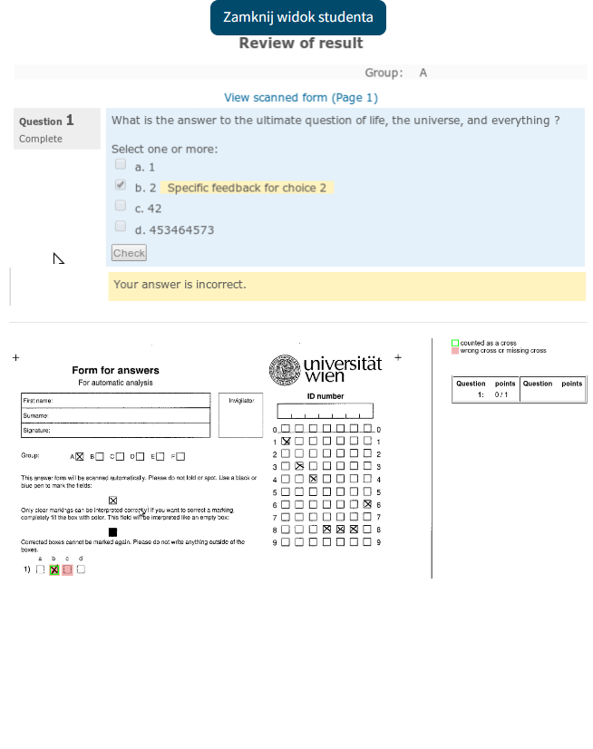 widok przeglądu testu offline u studenta