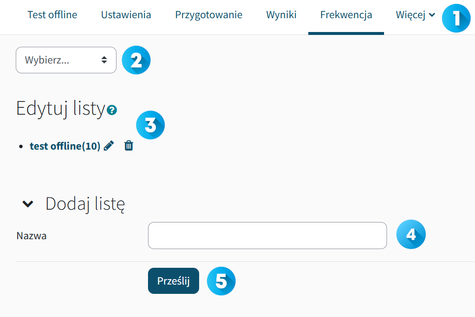 ustawienia list obecności testu offline