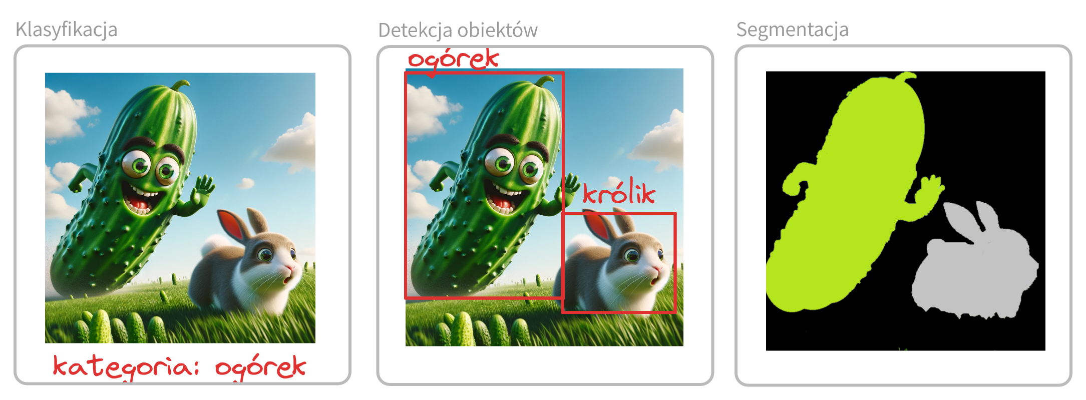 Ilustracja różnych zadań w przetwarzaniu obrazów: klasyfikacja, detekcja obiektów i segmentacja