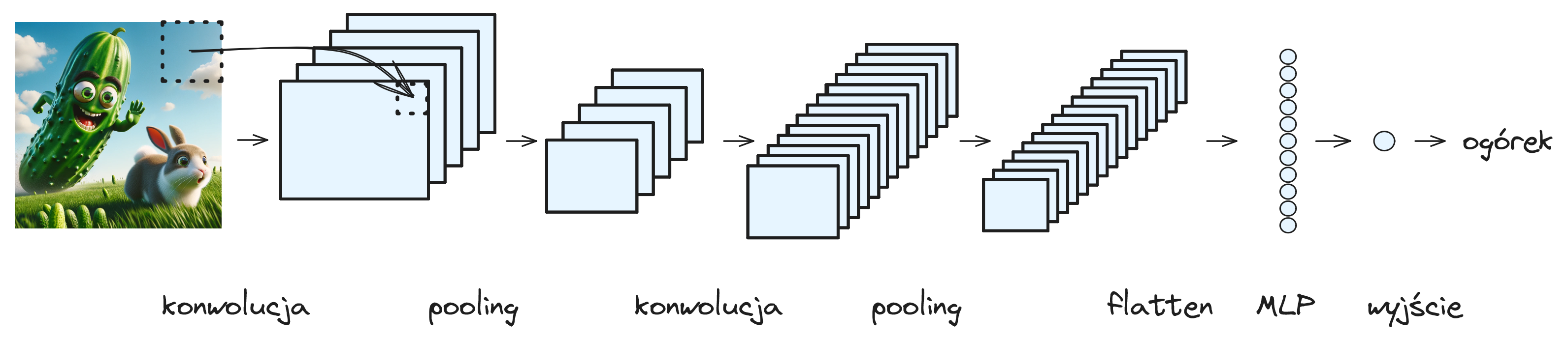 Architektura sieci konwolucyjnej - warstwy konwolucyjne, pooling, flatten i gęsto połączone