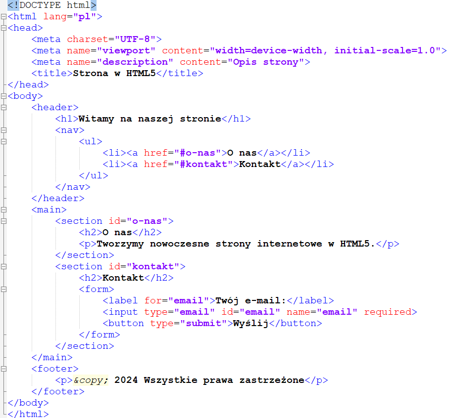 Kod źródłowy prostego dokumentu HTML5